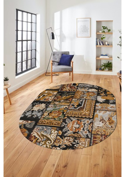 Baskılı Kaymaz Taban Yıkanabilir Patchwork Desen Oval Yolluk Salon Halısı, O-Patchwork-12-Kahve,