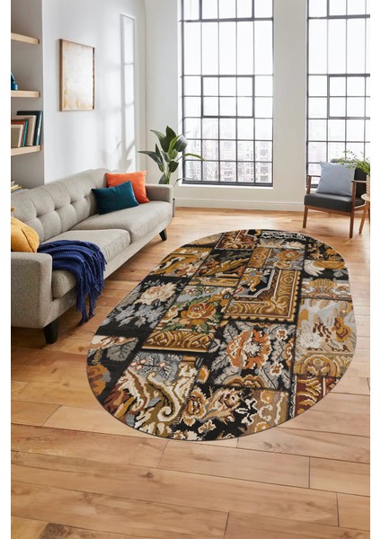 Baskılı Kaymaz Taban Yıkanabilir Patchwork Desen Oval Yolluk Salon Halısı, O-Patchwork-12-Kahve,