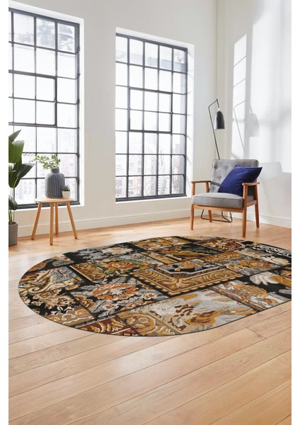Baskılı Kaymaz Taban Yıkanabilir Patchwork Desen Oval Yolluk Salon Halısı, O-Patchwork-12-Kahve, fiyatları