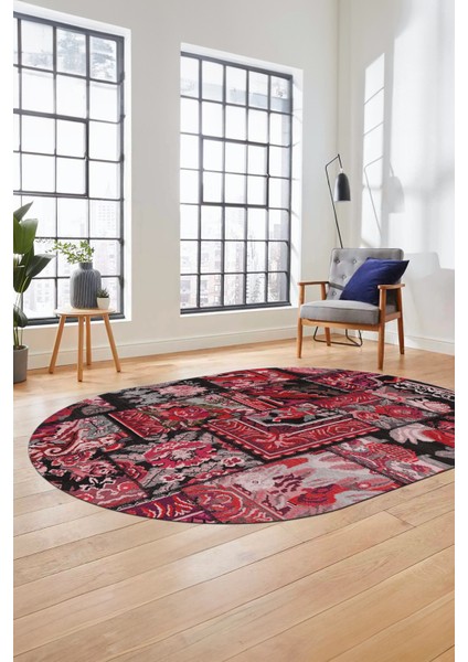 Baskılı Kaymaz Taban Yıkanabilir Patchwork Desen Oval Yolluk Salon Halısı, O-Patchwork-12-Kırmızı,