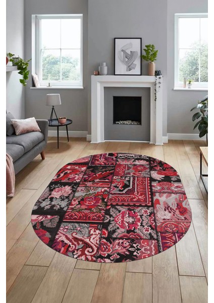 Baskılı Kaymaz Taban Yıkanabilir Patchwork Desen Oval Yolluk Salon Halısı, O-Patchwork-12-Kırmızı,