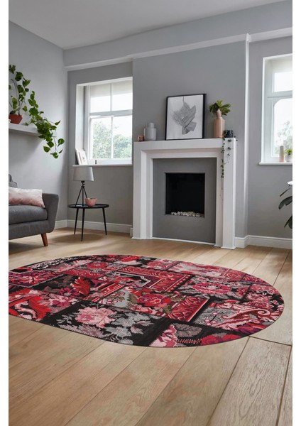 Baskılı Kaymaz Taban Yıkanabilir Patchwork Desen Oval Yolluk Salon Halısı, O-Patchwork-12-Kırmızı,