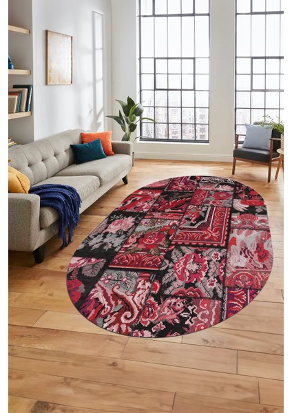 Baskılı Kaymaz Taban Yıkanabilir Patchwork Desen Oval Yolluk Salon Halısı, O-Patchwork-12-Kırmızı,