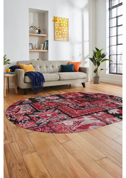 Baskılı Kaymaz Taban Yıkanabilir Patchwork Desen Oval Yolluk Salon Halısı, O-Patchwork-12-Kırmızı,