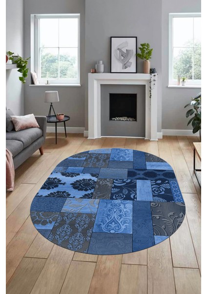 Baskılı Kaymaz Taban Yıkanabilir Patchwork Desen Oval Yolluk Salon Halısı, O-Patchwork-16-Mavi,