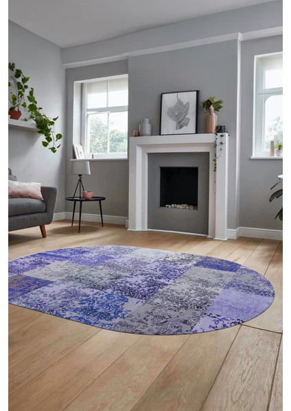 Baskılı Kaymaz Taban Yıkanabilir Patchwork Desen Oval Yolluk Salon Halısı, O-Patchwork-17-Mavi,