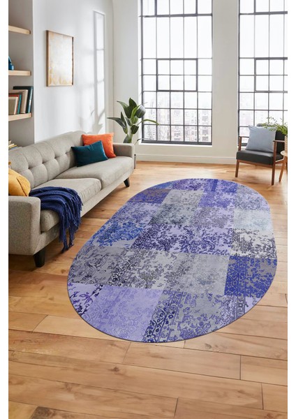 Baskılı Kaymaz Taban Yıkanabilir Patchwork Desen Oval Yolluk Salon Halısı, O-Patchwork-17-Mavi,