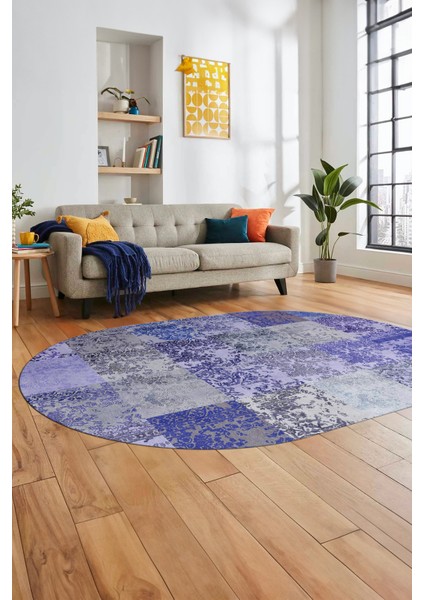 Baskılı Kaymaz Taban Yıkanabilir Patchwork Desen Oval Yolluk Salon Halısı, O-Patchwork-17-Mavi,