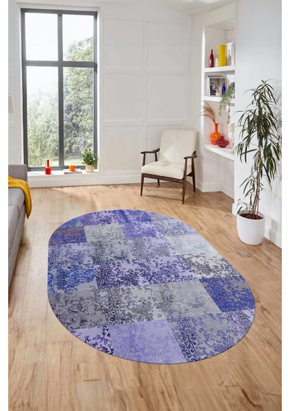Baskılı Kaymaz Taban Yıkanabilir Patchwork Desen Oval Yolluk Salon Halısı, O-Patchwork-17-Mavi,