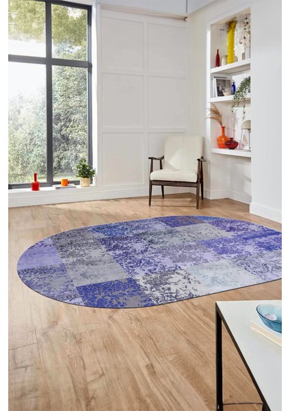 Baskılı Kaymaz Taban Yıkanabilir Patchwork Desen Oval Yolluk Salon Halısı, O-Patchwork-17-Mavi,