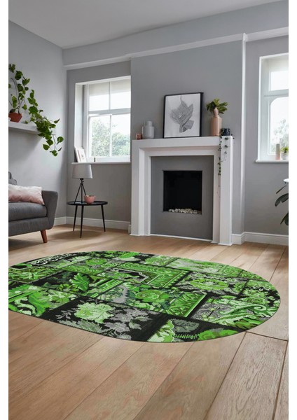 Baskılı Kaymaz Taban Yıkanabilir Patchwork Desen Oval Yolluk Salon Halısı, O-Patchwork-12-Yeşil, modelleri