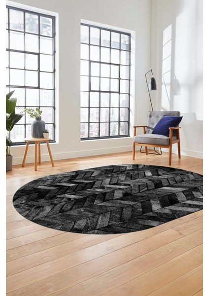 Baskılı Kaymaz Taban Yıkanabilir Patchwork Desen Oval Yolluk Salon Halısı, O-Patchwork-13-Antrasit,