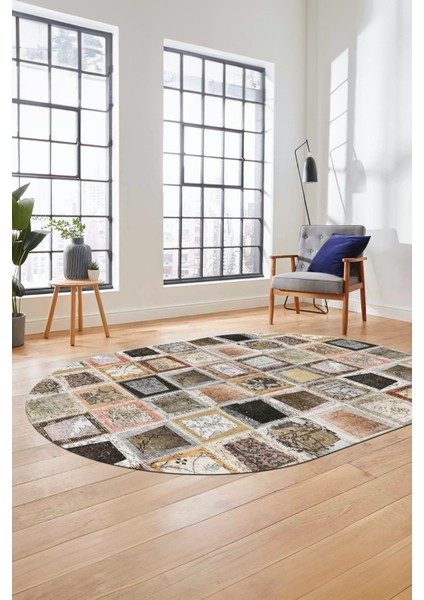 Baskılı Kaymaz Taban Yıkanabilir Patchwork Desen Oval Yolluk Salon Halısı, O-Patchwork-14-Kahve,