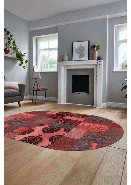 Baskılı Kaymaz Taban Yıkanabilir Patchwork Desen Oval Yolluk Salon Halısı, O-Patchwork-16-Kırmızı,