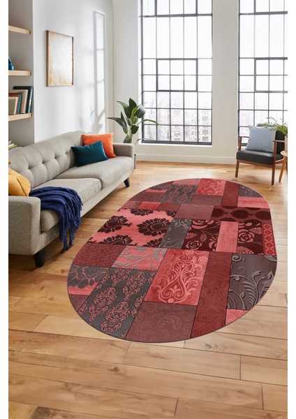 Baskılı Kaymaz Taban Yıkanabilir Patchwork Desen Oval Yolluk Salon Halısı, O-Patchwork-16-Kırmızı,