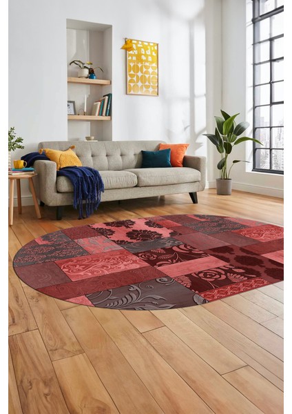 Baskılı Kaymaz Taban Yıkanabilir Patchwork Desen Oval Yolluk Salon Halısı, O-Patchwork-16-Kırmızı,