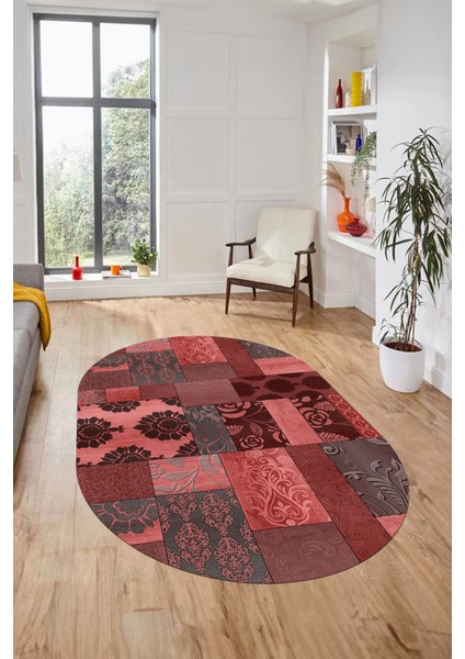 Baskılı Kaymaz Taban Yıkanabilir Patchwork Desen Oval Yolluk Salon Halısı, O-Patchwork-16-Kırmızı,