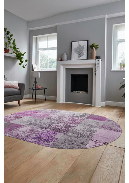 Baskılı Kaymaz Taban Yıkanabilir Patchwork Desen Oval Yolluk Salon Halısı, O-Patchwork-17-Pembe,