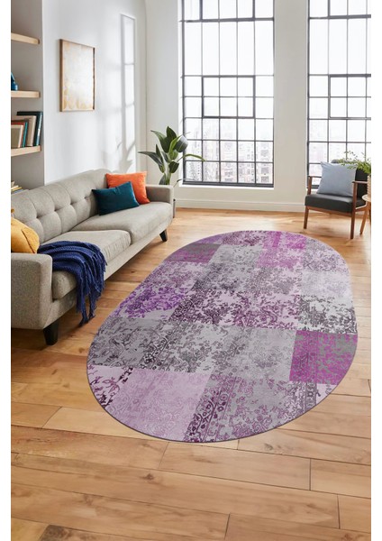 Baskılı Kaymaz Taban Yıkanabilir Patchwork Desen Oval Yolluk Salon Halısı, O-Patchwork-17-Pembe,