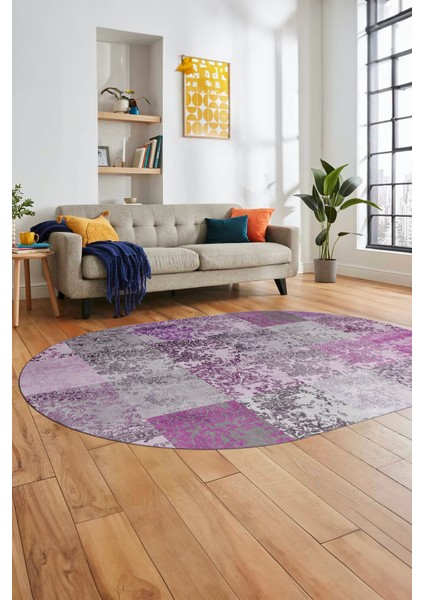 Baskılı Kaymaz Taban Yıkanabilir Patchwork Desen Oval Yolluk Salon Halısı, O-Patchwork-17-Pembe,