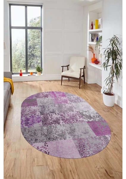 Baskılı Kaymaz Taban Yıkanabilir Patchwork Desen Oval Yolluk Salon Halısı, O-Patchwork-17-Pembe,