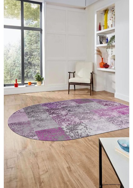 Baskılı Kaymaz Taban Yıkanabilir Patchwork Desen Oval Yolluk Salon Halısı, O-Patchwork-17-Pembe,
