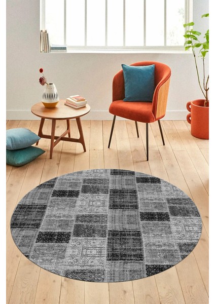 Baskılı Kaymaz Yıkanabilir Patchwork Desen Yuvarlak Mutfak Salon Halısı, Y-Patchwork-07-Gri,
