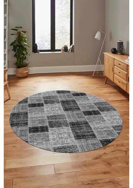 Baskılı Kaymaz Yıkanabilir Patchwork Desen Yuvarlak Mutfak Salon Halısı, Y-Patchwork-07-Gri, indirimleri