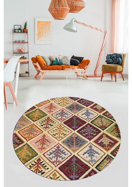 Baskılı Kaymaz Yıkanabilir Patchwork Desen Yuvarlak Mutfak Salon Halısı, Y-Patchwork-08-Renkli,