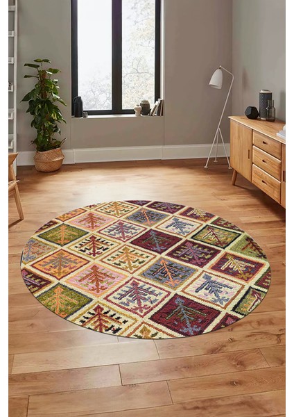 Baskılı Kaymaz Yıkanabilir Patchwork Desen Yuvarlak Mutfak Salon Halısı, Y-Patchwork-08-Renkli,