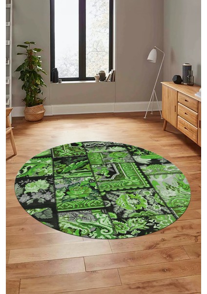 Baskılı Kaymaz Yıkanabilir Patchwork Desen Yuvarlak Mutfak Salon Halısı, Y-Patchwork-12-Yeşil, modelleri