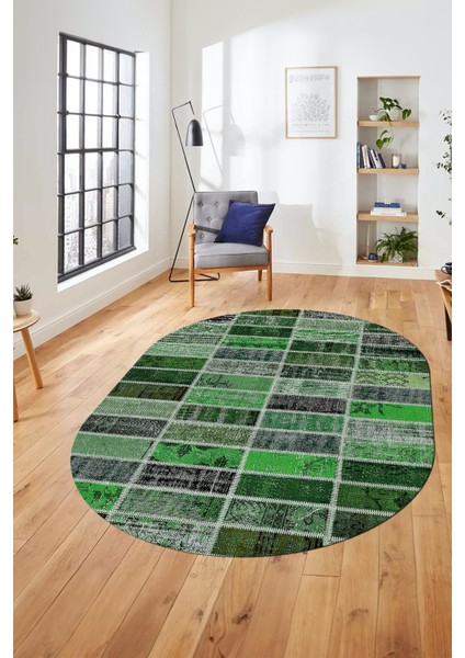 Baskılı Kaymaz Taban Yıkanabilir Patchwork Desen Oval Yolluk Salon Halısı, O-Patchwork-09-Yeşil,