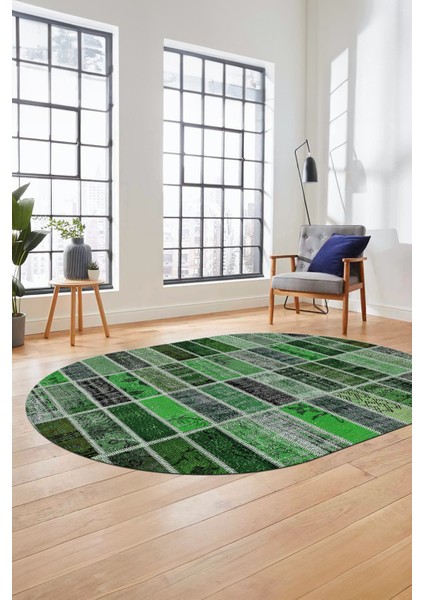 Baskılı Kaymaz Taban Yıkanabilir Patchwork Desen Oval Yolluk Salon Halısı, O-Patchwork-09-Yeşil,