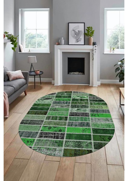 Baskılı Kaymaz Taban Yıkanabilir Patchwork Desen Oval Yolluk Salon Halısı, O-Patchwork-09-Yeşil,