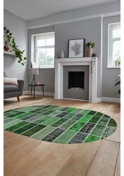 Baskılı Kaymaz Taban Yıkanabilir Patchwork Desen Oval Yolluk Salon Halısı, O-Patchwork-09-Yeşil,