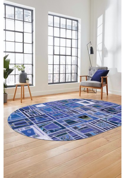 Baskılı Kaymaz Taban Yıkanabilir Patchwork Desen Oval Yolluk Salon Halısı, O-Patchwork-11-Mavi, fiyatları