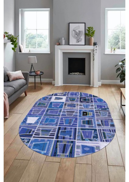 Baskılı Kaymaz Taban Yıkanabilir Patchwork Desen Oval Yolluk Salon Halısı, O-Patchwork-11-Mavi, modelleri