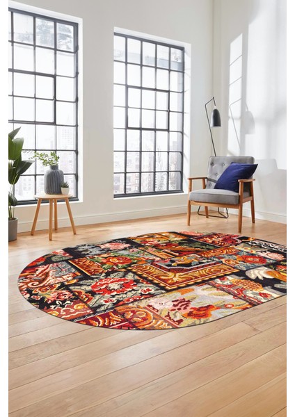 Baskılı Kaymaz Taban Yıkanabilir Patchwork Desen Oval Yolluk Salon Halısı, O-Patchwork-12-Renkli,