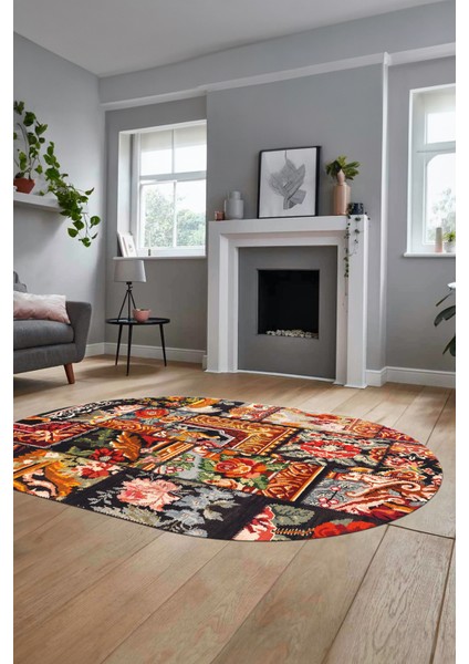 Baskılı Kaymaz Taban Yıkanabilir Patchwork Desen Oval Yolluk Salon Halısı, O-Patchwork-12-Renkli,