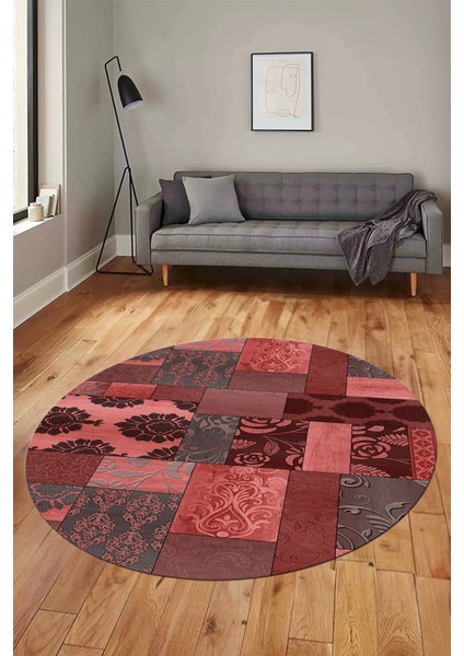 Baskılı Kaymaz Yıkanabilir Patchwork Desen Yuvarlak Mutfak Salon Halısı, Y-Patchwork-16-Kırmızı, fiyatları