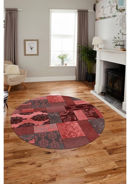 Baskılı Kaymaz Yıkanabilir Patchwork Desen Yuvarlak Mutfak Salon Halısı, Y-Patchwork-16-Kırmızı, modelleri
