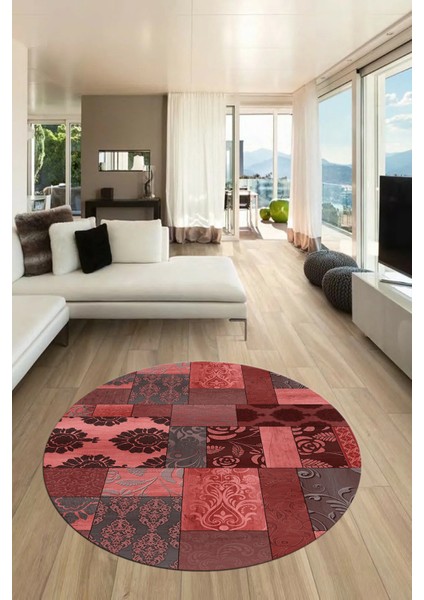 Baskılı Kaymaz Yıkanabilir Patchwork Desen Yuvarlak Mutfak Salon Halısı, Y-Patchwork-16-Kırmızı, fırsatları