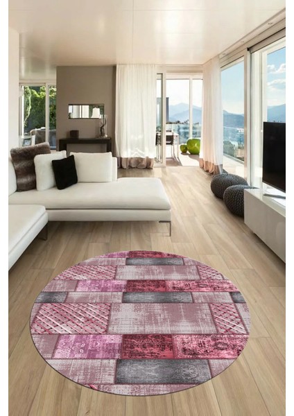 Baskılı Kaymaz Yıkanabilir Patchwork Desen Yuvarlak Mutfak Salon Halısı, Y-Patchwork-18-Pembe, fırsatları