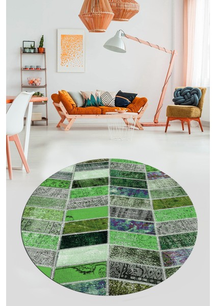 Baskılı Kaymaz Yıkanabilir Patchwork Desen Yuvarlak Mutfak Salon Halısı, Y-Patchwork-10-Yeşil,