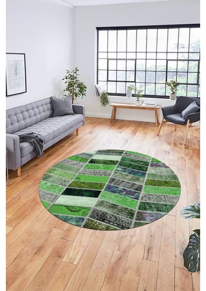 Baskılı Kaymaz Yıkanabilir Patchwork Desen Yuvarlak Mutfak Salon Halısı, Y-Patchwork-10-Yeşil,