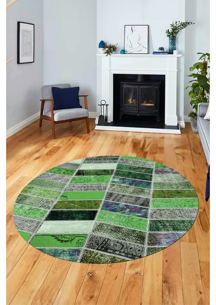 Baskılı Kaymaz Yıkanabilir Patchwork Desen Yuvarlak Mutfak Salon Halısı, Y-Patchwork-10-Yeşil,