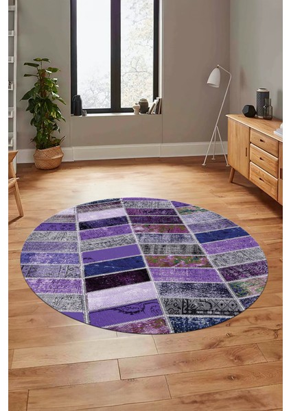 Baskılı Kaymaz Yıkanabilir Patchwork Desen Yuvarlak Mutfak Salon Halısı, Y-Patchwork-10-Mor, fırsatları