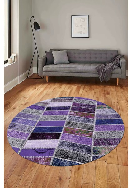 Baskılı Kaymaz Yıkanabilir Patchwork Desen Yuvarlak Mutfak Salon Halısı, Y-Patchwork-10-Mor, indirimleri
