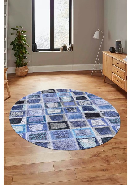 Baskılı Kaymaz Yıkanabilir Patchwork Desen Yuvarlak Mutfak Salon Halısı, Y-Patchwork-14-Mavi, fiyatları