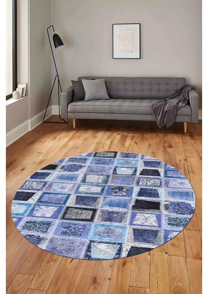 Baskılı Kaymaz Yıkanabilir Patchwork Desen Yuvarlak Mutfak Salon Halısı, Y-Patchwork-14-Mavi, modelleri